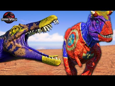 Superman Spinosaurus Vs Captain America Carnotaurus & Giganotosaurus - JWE 2 Dinosaurs Fight