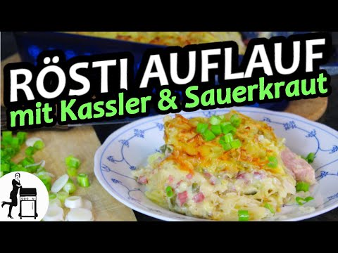 Rösti / Kartoffelpuffer Auflauf mit Kassler und Sauerkraut