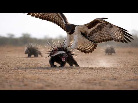 WILDLIFE Survival Battle: Honey Badger vs Porcupine & Eagle – Brutal African Savanna Fight in 4K