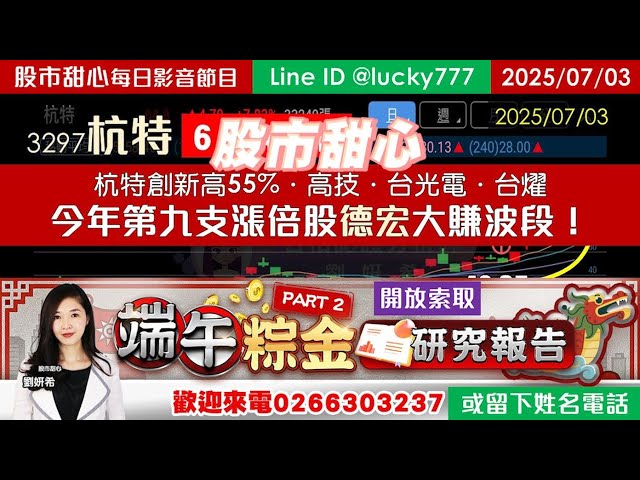 0703【甜心盤後影音】今年第九支漲倍股德宏大賺波段！杭特創新高55%．高技．台光電．台燿，粽金研究報告Part2開放索取