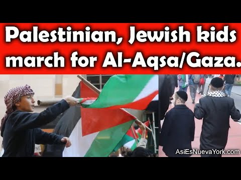 Palestinian kids and Jewish children march to defend the Al-Aqsa Mosque and Gaza.
