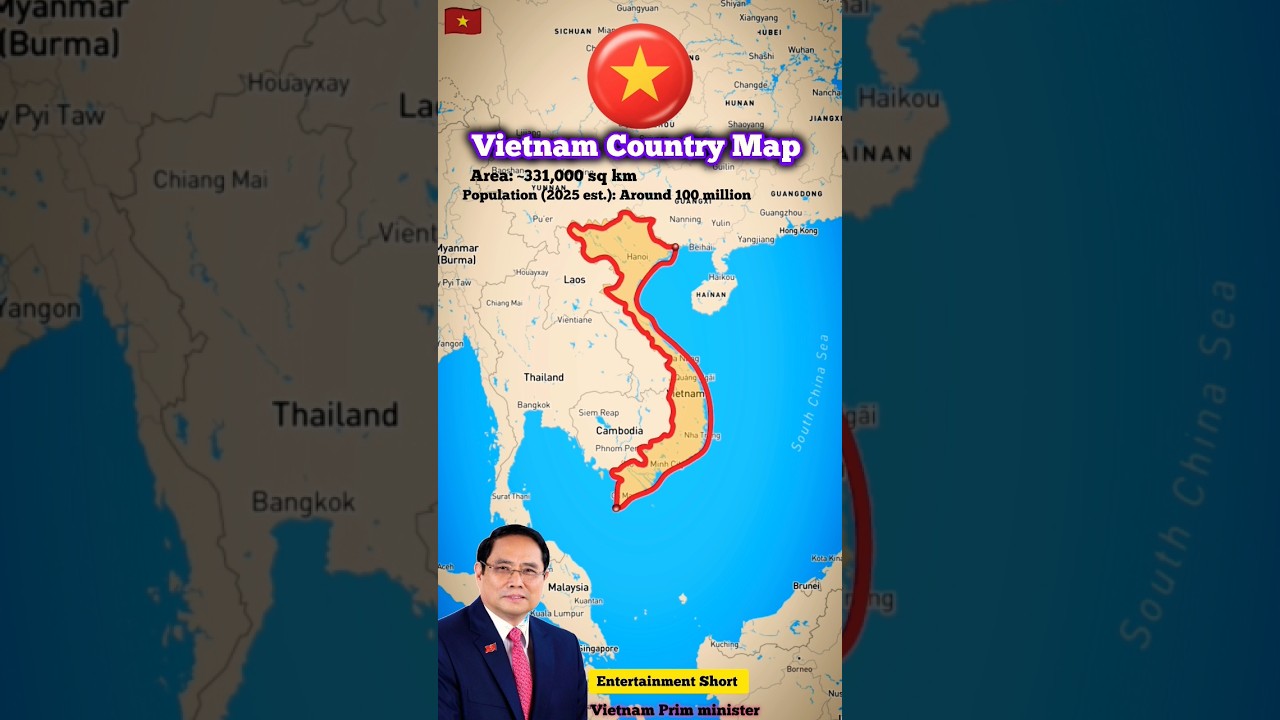 Vietnam Country Map 🌍 Population (2025 est.): Around 100 million Area: ~331,000 sq km #vietnam #map