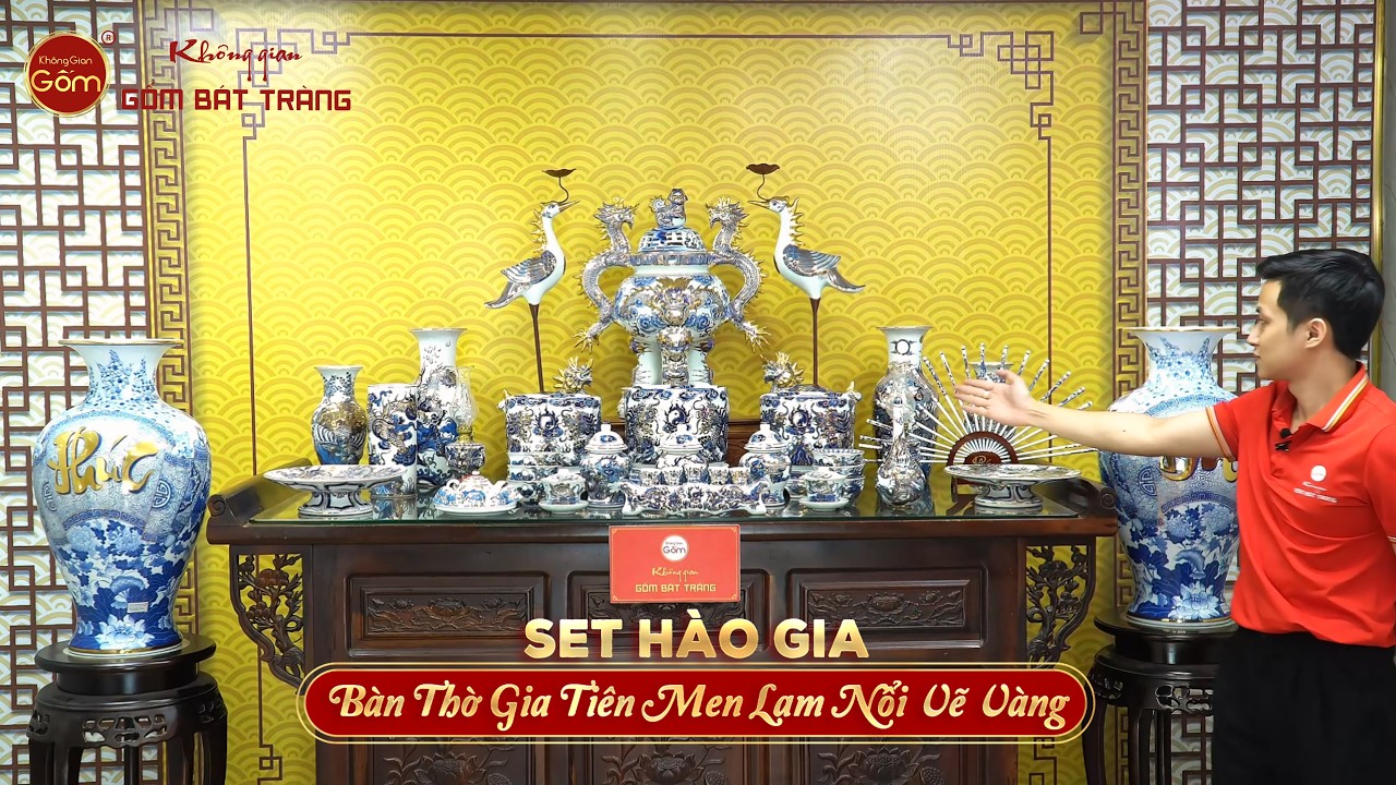 [Set Hào Gia] Bộ Đồ Thờ Gia Tiên Men Lam Nổi Vẽ Vàng (29 món)