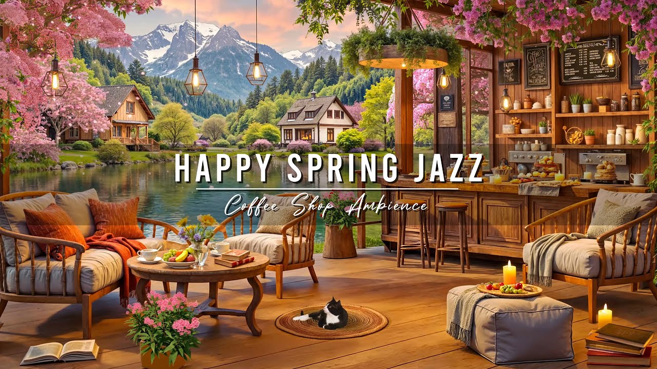 Happy Spring Morning & Smooth Jazz Instrumental Music at 4K Coffee Shop Ambience for Studying, Work