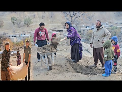Nomadic life, dangerous crossing of sheep fodder across the river in harsh nature