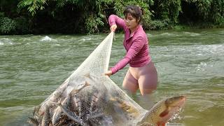 Woman Fishing Techniques, Fishing Skills, Harvesting Big Fish Using Net in The Streams