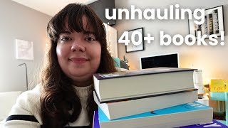 GETTING RID OF 40+ BOOKS! Huge Book Unhaul 📚 romance, fantasy, self-help, cozy mystery, middle-grade