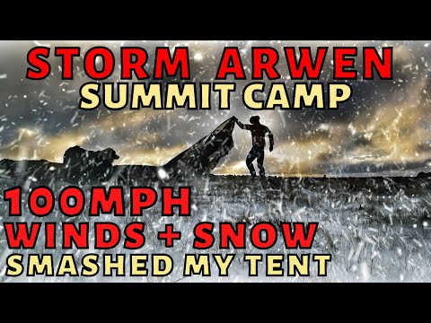 STORM ARWEN SUMMIT CAMP 100mph+ Strong Winds and Snow at 910m in a Broken Tent WILD CAMPING SOLO UK