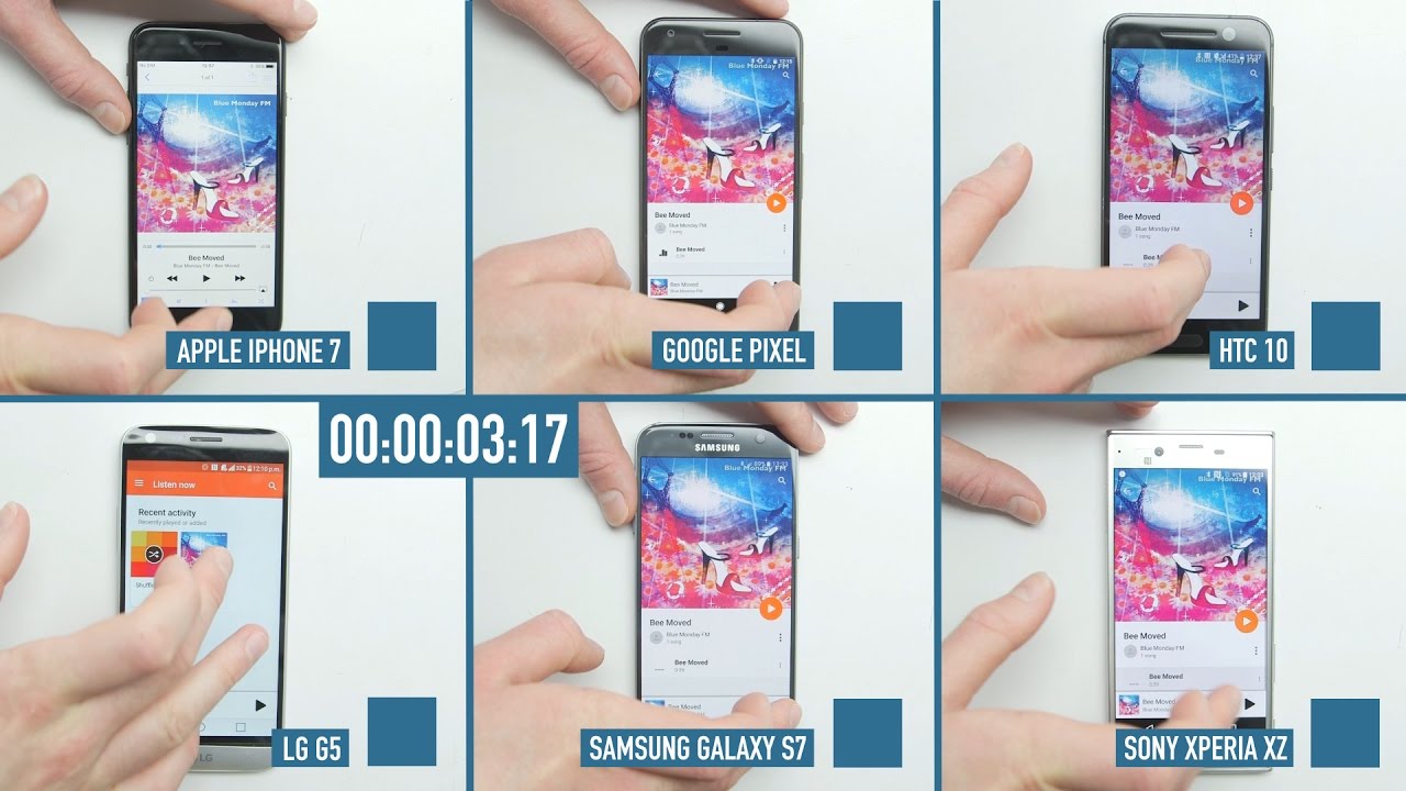 Smartphone speed test: Google Pixel vs iPhone 7 vs Samsung S7 vs HTC 10 vs Sony Xperia XZ vs LG G5 - YouTube