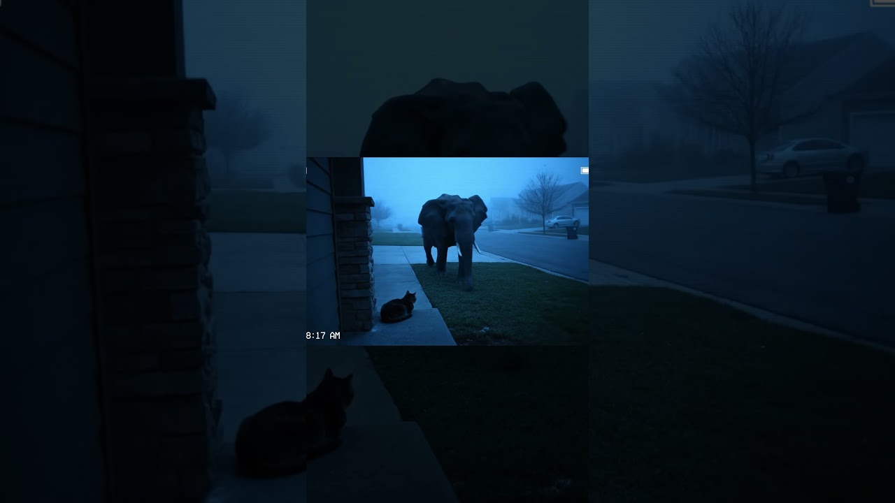 Security Camera Captures an Elephant Passing by a Cat – Surreal AI Footage