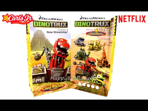 2016 CARL'S JR. DREAMWORKS DINOTRUX HARDEE'S KIDS MEAL BAG NETFLIX SET 4 TOYS COLLECTION REVIEW Video