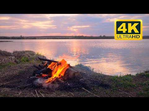 🔥 Cozy Campfire by the River 4K (12 HOURS). Campfire with Burning Logs and Crackling Fire Sounds