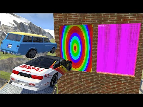 Crazy Vehicle High Speed Jumping through Rainbow Water Wall Or Purple Water Wall - BeamNG drive