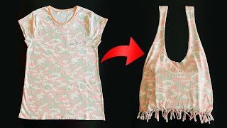 How to make a T-Shirt Bag / DIY No Sew T-Shirt Bag /Old T-Shirt Reuse Idea / T-Shirt To shopping Bag