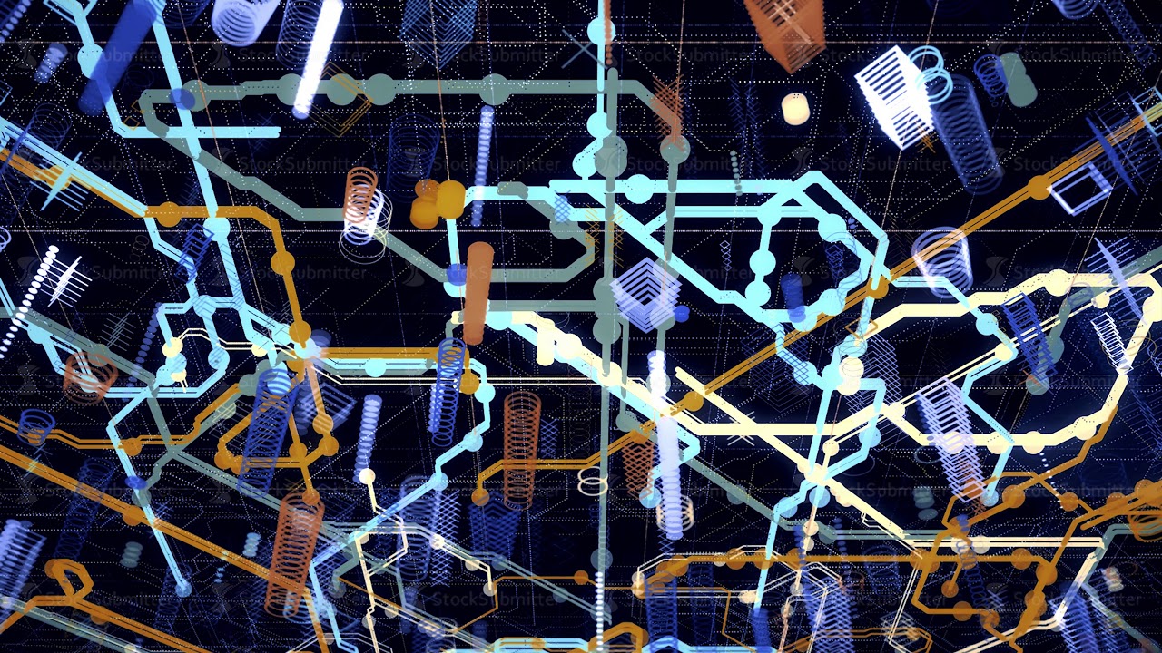 High tech computer circuit board with many signals flowing fast on black background, modern