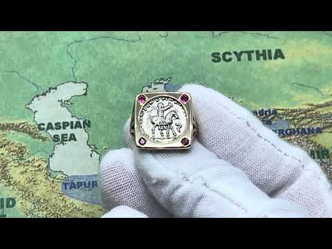Ancient Greek Bactria King Azes II Horseman and Zeus Drachm Coin in Gold and Rubies Ladies Ring