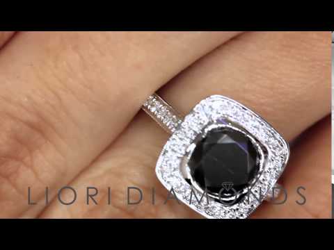 BDR-181 - 2.68 Carat Certified Black Diamond Engagement Ring Pave Halo 18k White Gold