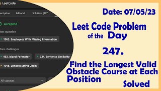 YouTube video '1964 || Find the Longest Valid Obstacle Course at Each Position || C++ || Leetcode Daily Challenge'