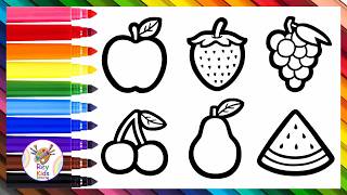 How to Draw 6 Easy Fruits for Kids | Grapes, Strawberry, Apple, Cherry, Pear, and Watermelon 🍇🍓🎨
