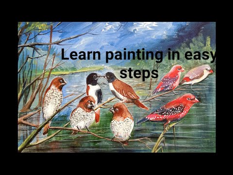 Learn Birds painting in easy steps.  Munia  birds- tricoloured, scaly breasted  and red munia.