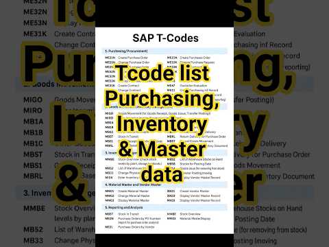 All tcodes for purchasing, Inventory, Master data.Tcode list for P2P, Master data.#viral #viralvideo