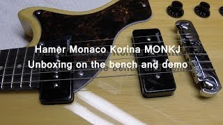 Video thumbnail for Hamer Monaco Korina MONKJ Unboxing on the bench and sound demo by Steve Cone Rock N Roll