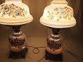 VINTAGE ACCURATE CASTING PAIR BLUE FLORAL GONE WITH THE WIND HURRICANE LAMPS With GLASS CHIMNEYS