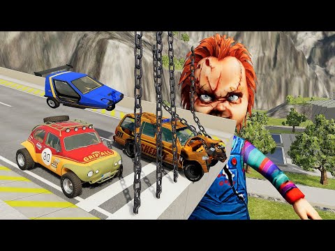 Crazy Vehicle High Speed Jumps Through Vertical Giant Chain With CHUCKY - BeamNG.drive Chain Crashes