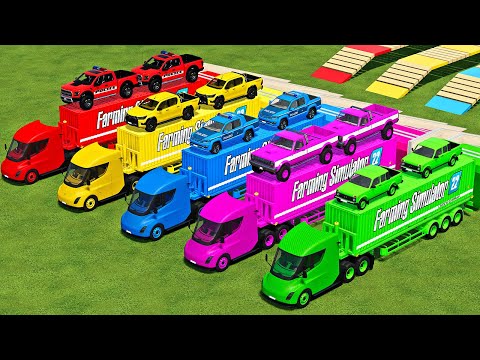 TRANSPORTING TOYOTA, FORD, VOLKSWAGEN PICKUP CARS WITH TESLA TRUCKS - Farming Simulator 22