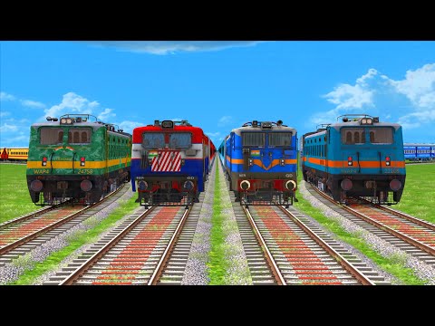 4 TRANSPORTING PASSENGER TRAINS CROSSING ON BRANCHING PATH SHARP BEND RAILROAD TRACK #31