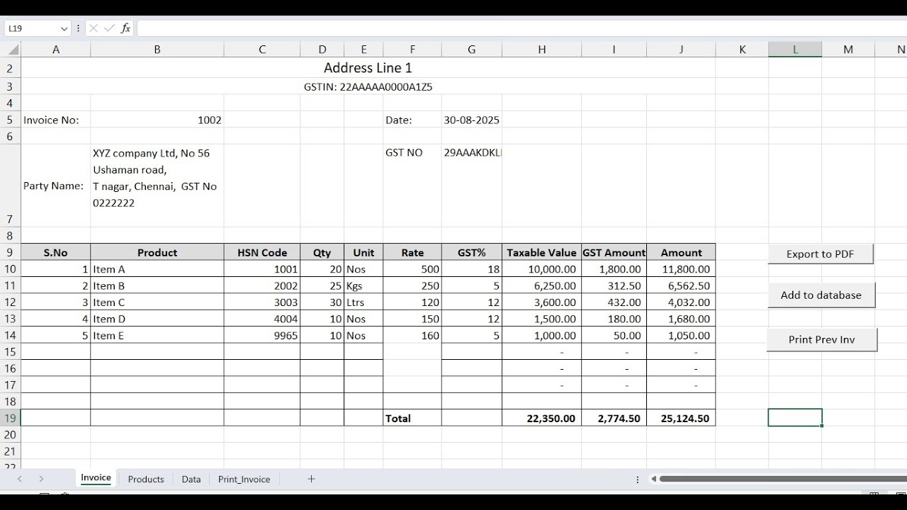Gst invoice format in excel | save data and invoice down pdf