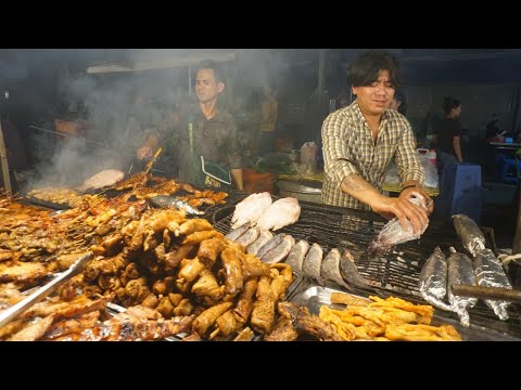 Cambodia Night Street Food - Plenty Different Various Delicious Street Food for Diner @Orussey