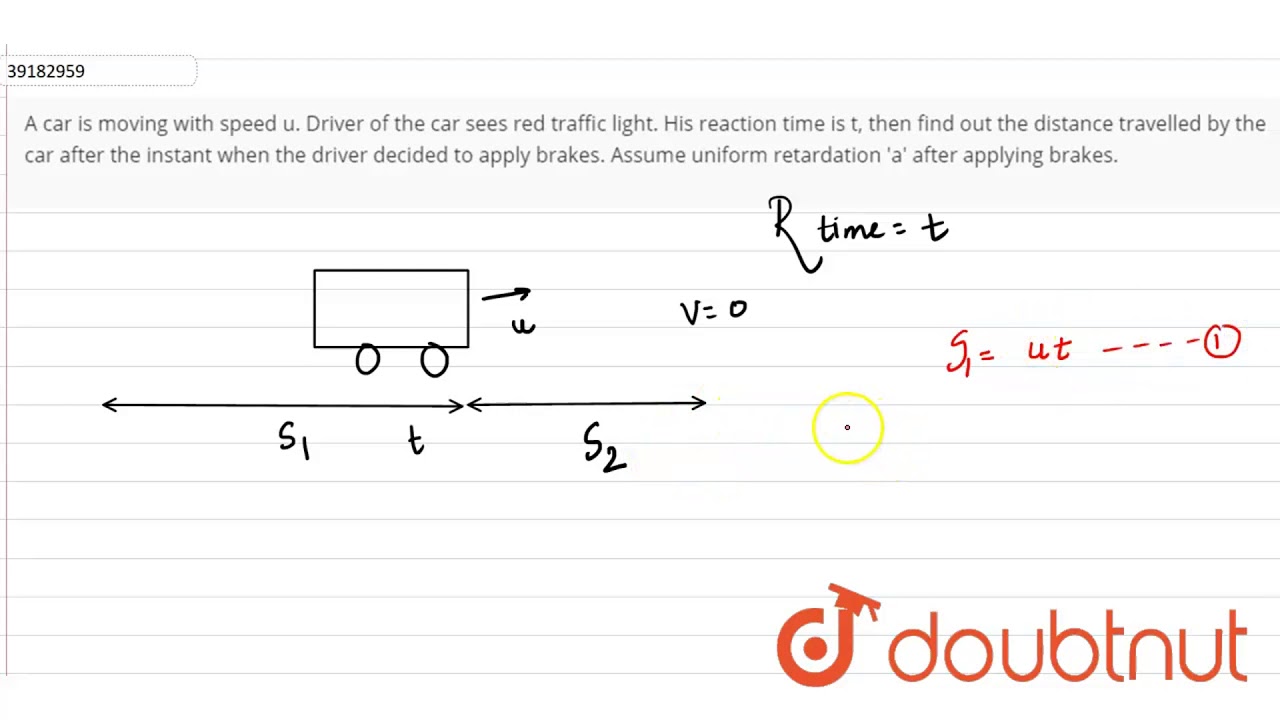 A car is moving with speed u. Driver of the car sees red traffic light. His reaction time is t,
