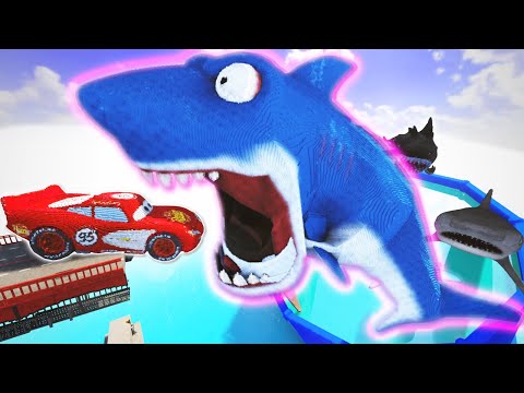 Lightning McQueen Jumps into Hungry Shark Pool in Teardown