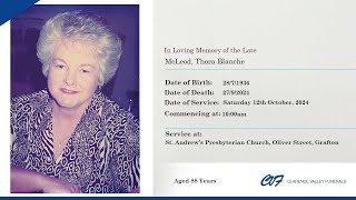Memorial service for McLeod, Thora Blanche
