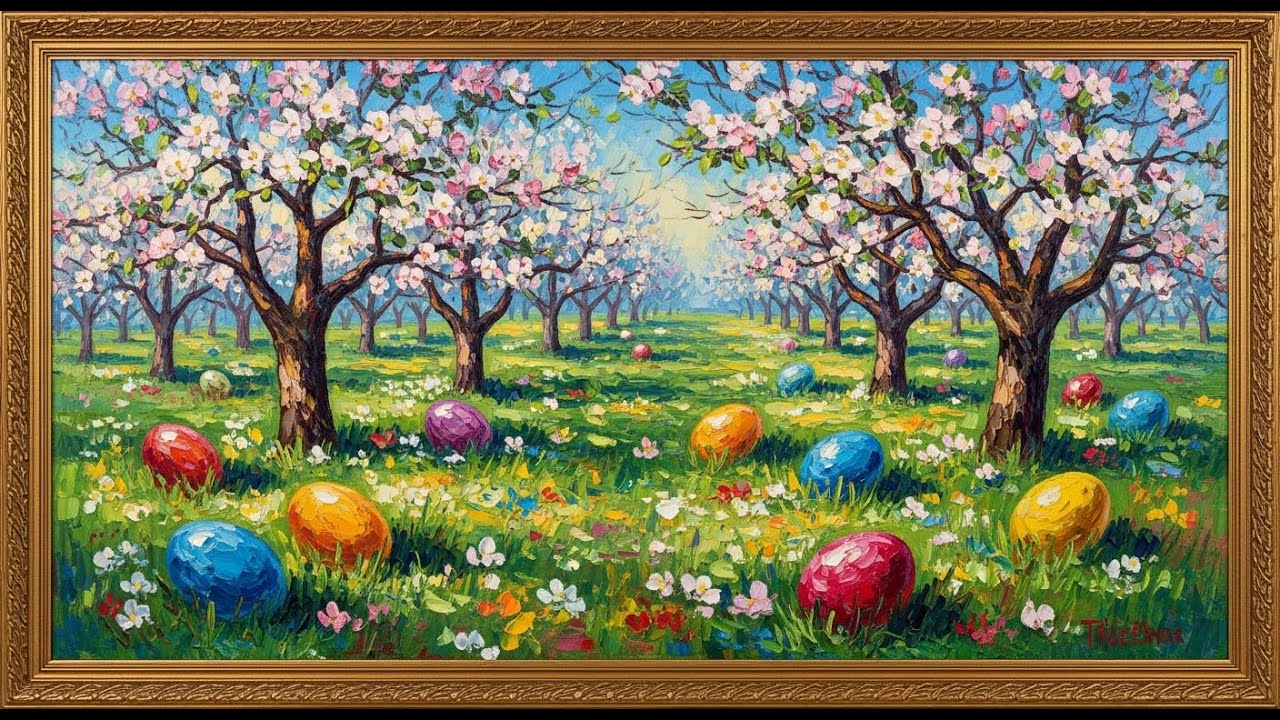Frame TV Art with Music: Easter Egg Hunt in Apple Orchard | Samsung Frame TV Art | 4K Spring Decor