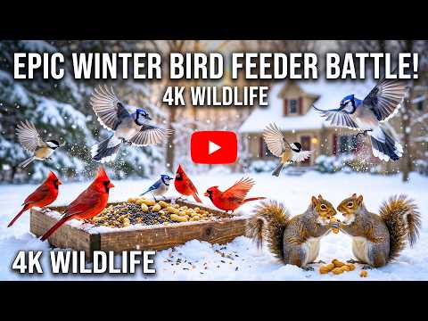 🔴 Snowy Bird Feeder LIVE  24/7❄️ Snow Birds, Juncos, Squirrels & Cozy Cat TV , Sleep