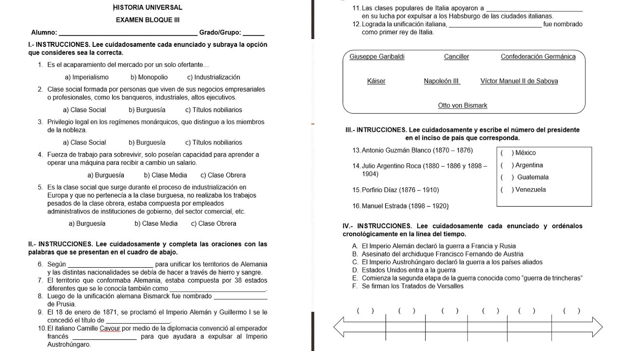 EXAMEN DE HISTORIA UNIVERSAL BLOQUE III