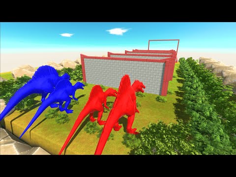 Different Size Blue Spinosaurus vs Red Spinosaurus Clash Block Race Animal Revolt Battle Simulator