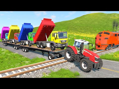 Dump Truck Speed Bumps Flatbed Transport Tractor Truck Car Rescue - Cars vs Rails - BeamNG.drive