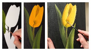 Step by Step / The Yellow Tulip Flower in the Dew - Acrylic painting / Homemade Illustration