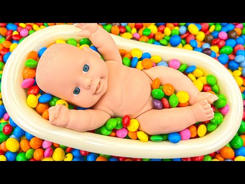 Satisfying Video l Rainbow Skittles Candy Mixing in BathTub with M&M Slime Balls Candy ASMR