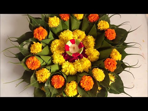 Puja Thali / Aarti Thali Decoration With Fresh Flowers & Peepal Tree Leaves For Diwali - 2019 Video