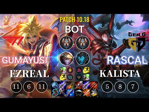 T1 Gumayusi Ezreal vs GEN Rascal Kalista Bot - KR Patch 10.18
