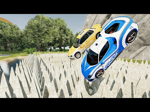 Cars Vs Long Spear Trap - High Fall Epic Realistic Crash / BeamNG Drive