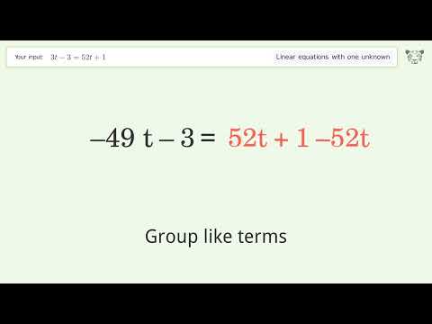 Solve 3t-3=52t+1: Linear Equation Video Solution | Tiger Algebra