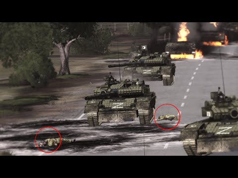 Large Russian TANK Convoy was ambushed while crossing Hill road - entire column destroyed - ARMA3