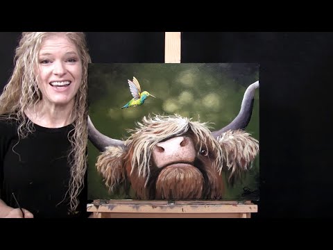 Learn How to Draw & Paint HUMMINGBIRD AND HIGHLAND COW with Acrylics-Paint & Sip at Home- Art Lesson