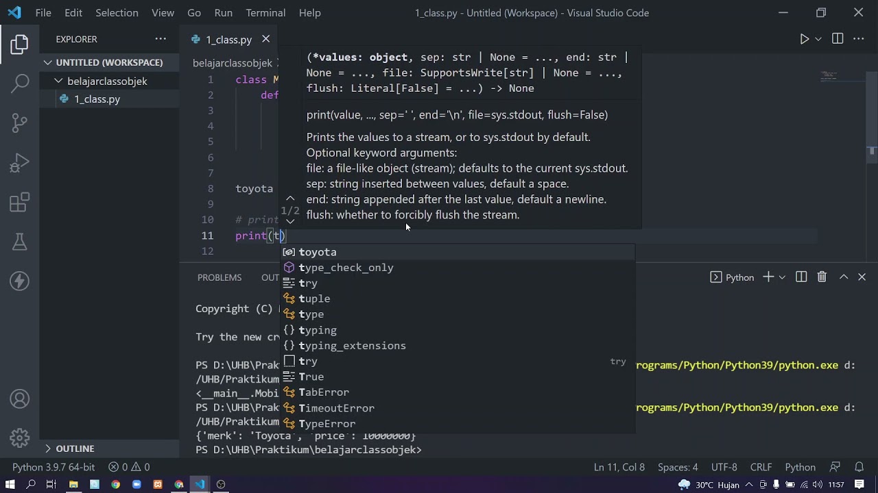 Kuliah pemrograman 1 : Praktikum  Class dan Object Python