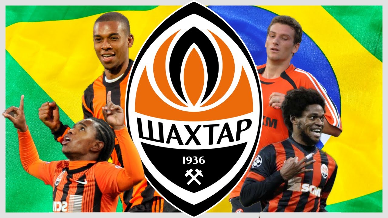 FC Shakhtar Donetsk players and club emblem against the Brazilian flag, highlighting the team's Brazilian connection
